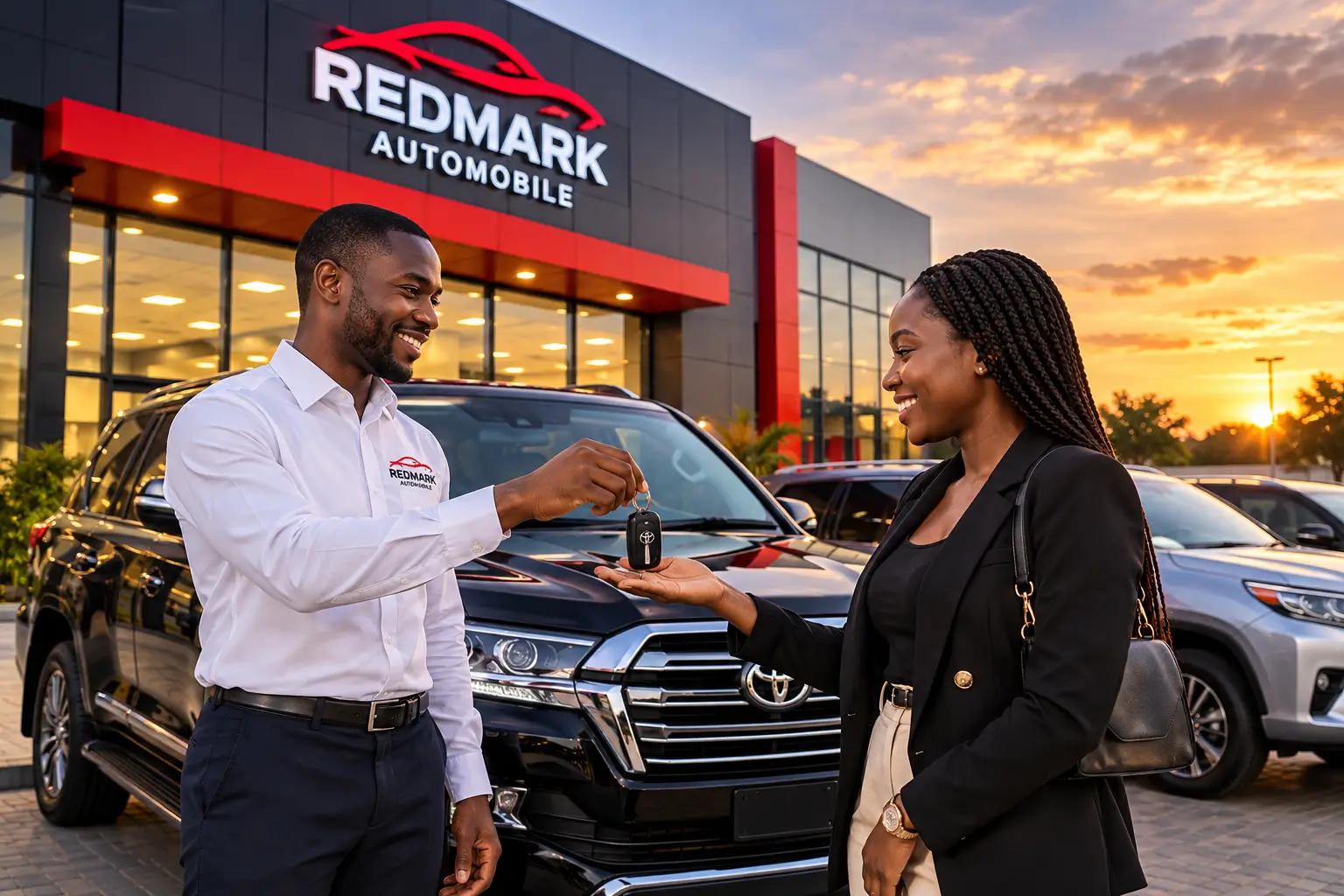 Illustration of a customer receiving car keys at Redmark Automobile for car hire in Nairobi, Kenya